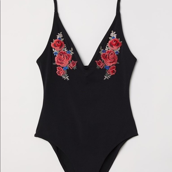 Divided Tops - Black Body Suit with Embroidery Roses